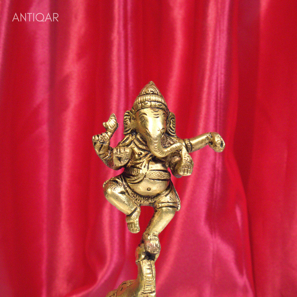 Brass Dancing Ganesha on Elephant Trunk up with Diya - 17cm | Antique Golden Finish | Handcrafted  for Pooja Temple,Home Festval Decor