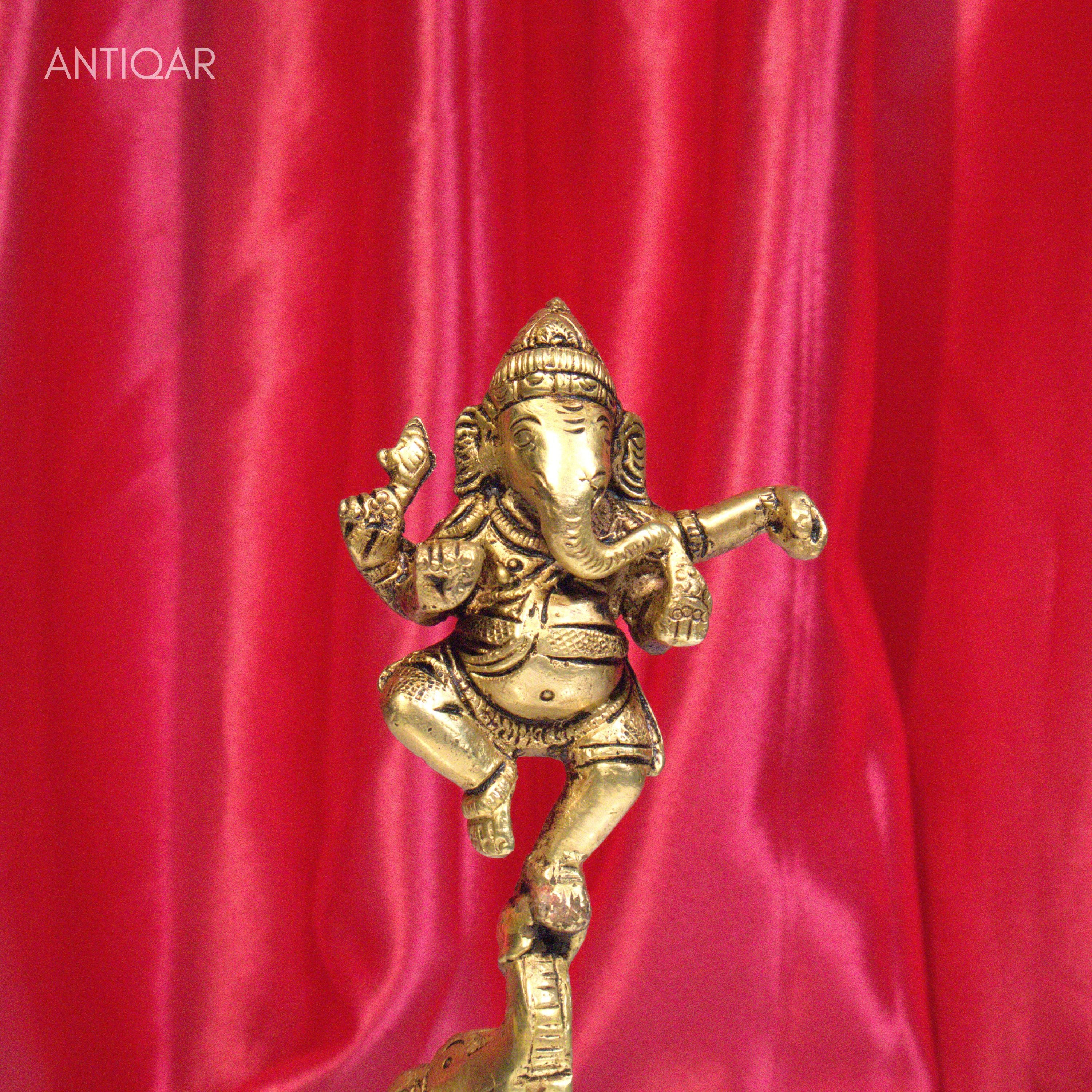 Brass Dancing Ganesha on Elephant Trunk up with Diya - 17cm | Antique Golden Finish | Handcrafted  for Pooja Temple,Home Festval Decor