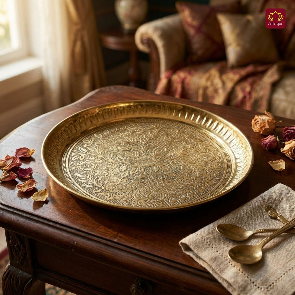 Brass Etching Floral Design Plate - 2cm | Serve Main Course items in Lunch & Dinner | Antique Golden Finish | Traditional Mughlai Style use for serving in Kitchen, Festivals and Restaurents