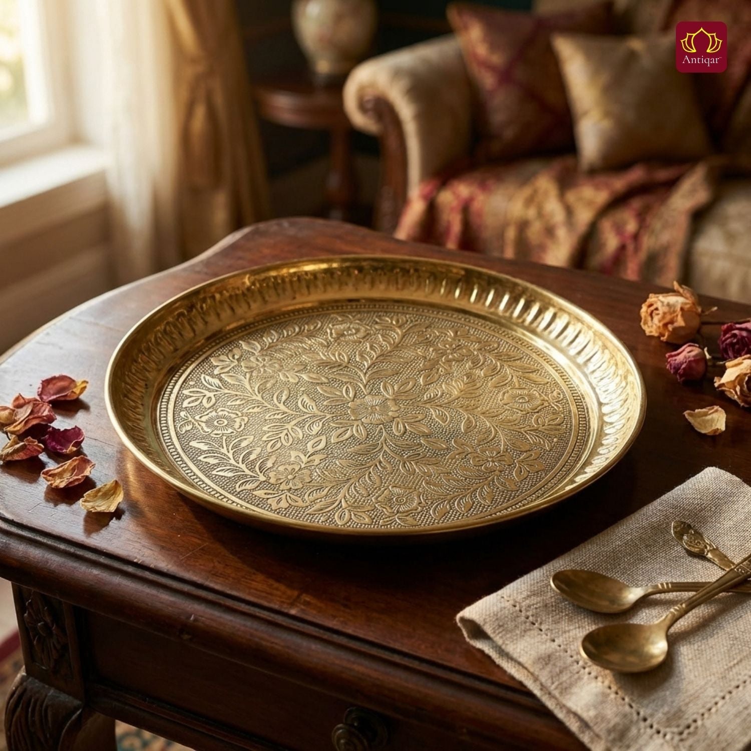 Brass Etching Floral Design Plate - 2cm | Serve Main Course items in Lunch & Dinner | Antique Golden Finish | Traditional Mughlai Style use for serving in Kitchen, Festivals and Restaurents
