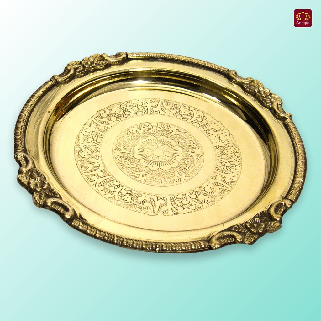 Brass Etching Design Plate - 1.5cm | Antique Golden Finish | Traditional use for Pooja in Temple, Festivals and Home