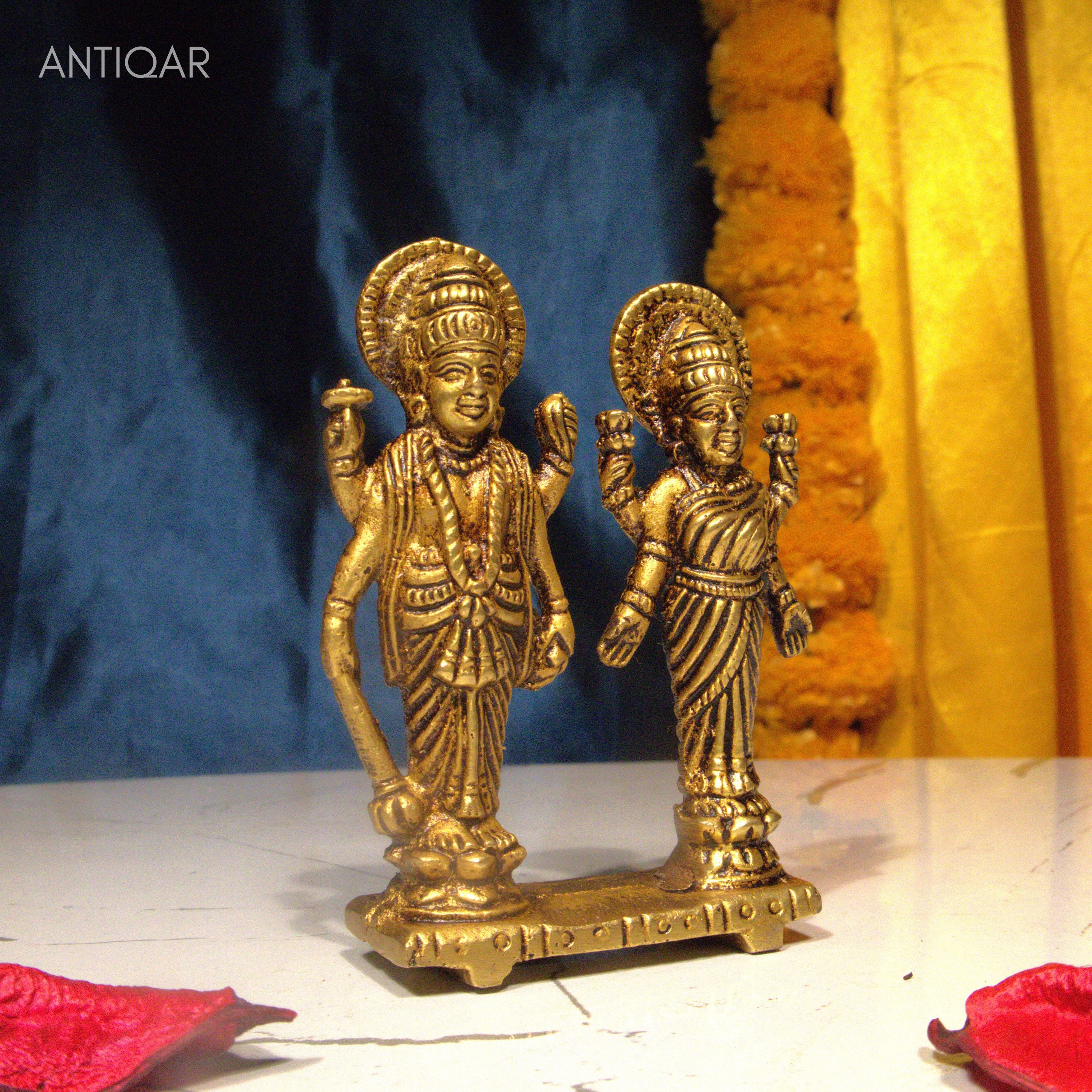 Brass Laxmi Narayan pair Idol - 8cm | Standing on Lotus | Antique Finish | Spiritual Idol for Temple & Home Decor