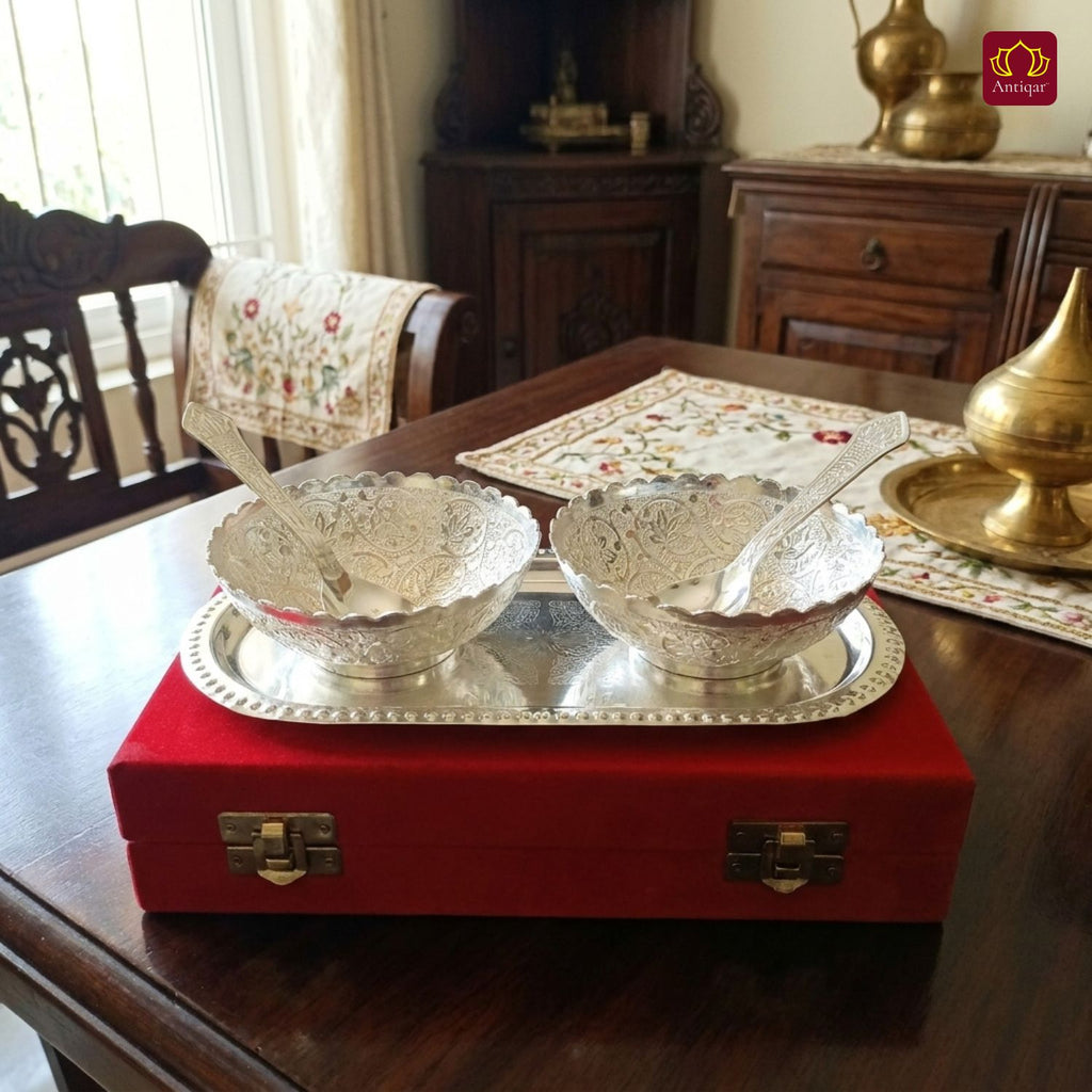 Royal Dry Fruit & Paan Dan Serving Set | Silver Plated | Red Velvet Box | Set of 5 | Handcrafted Artistry | Festive & Decorative Showpiece