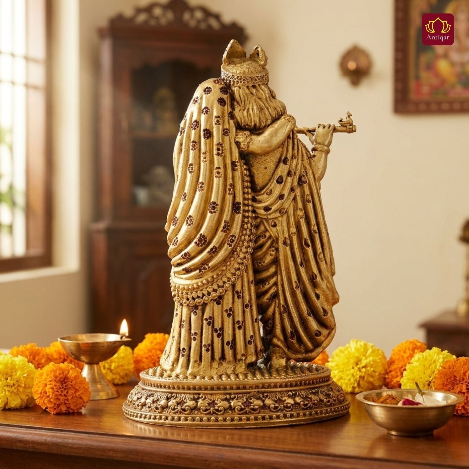 Brass Designer Radhakrishna Idol - 9.5cm | Antique Golden Finish | Spiritual Idol for Temple & Home Decor