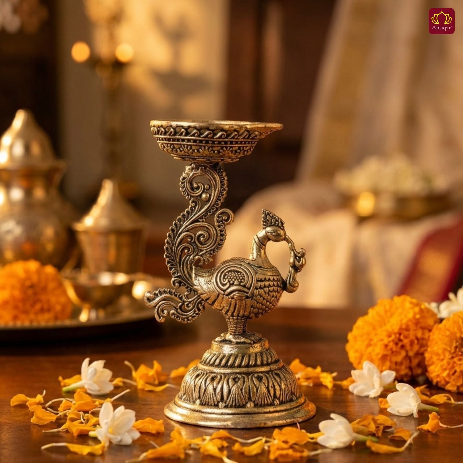 Brass Peacock Diya - 8cm | Antique Finish | Spritual use for Pooja, Temple & Festival Decor