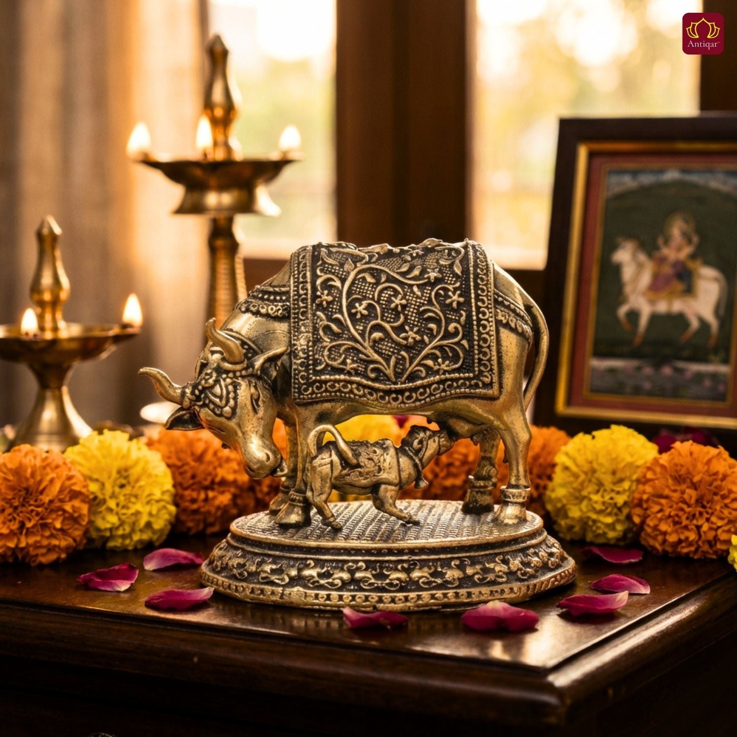 Brass Kamdhenu Cow & Calf Figurine - 5cm | Antique Finish | Spritual use for Home, Temple & Dashboard Decor