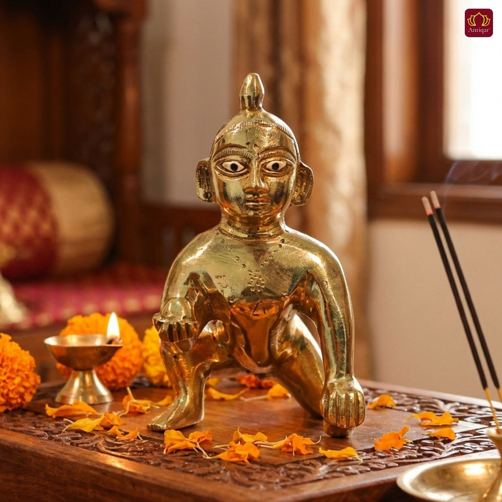 Handcrafted Laddu Gopal Brass Idol - 10cm | Superfine Finish | For Pooja, Temple & Car Dashboard Decor