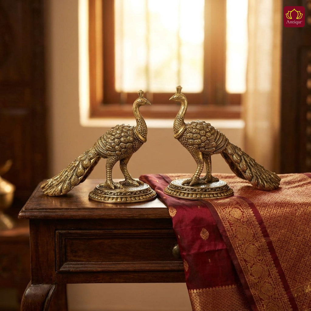 Brass Peacock Showpiece – 8 cm | Antique Finish | Handcrafted Decor for Temple, Table & Home (Pack of 2)