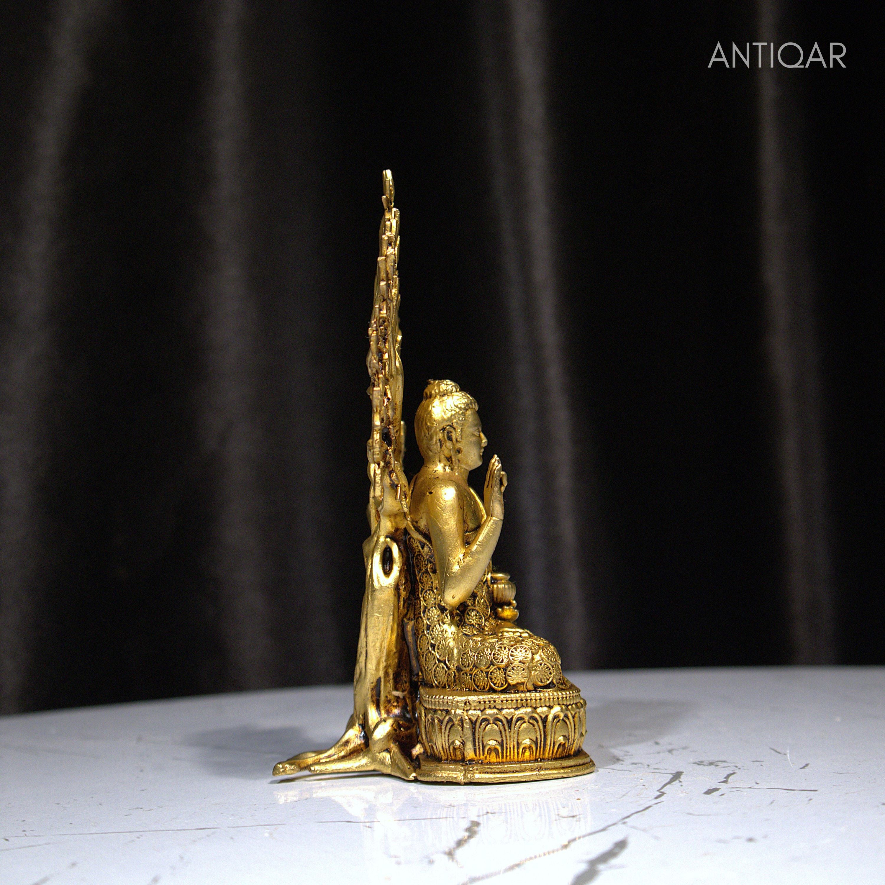 Brass Vintage Buddha Tree Statue – 13cm | Antique Golden Finish | Spiritual Statue for Temple, Home & Car Dashboard Decor