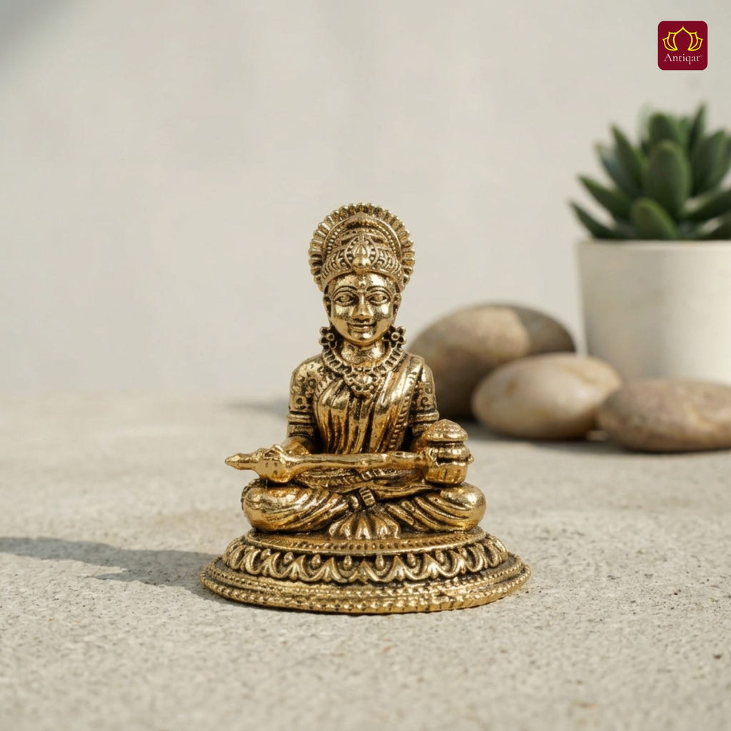 Brass Annapurna Devi Idol - 5cm | Golden Finish | Spiritual Idol for Temple & Home Decor