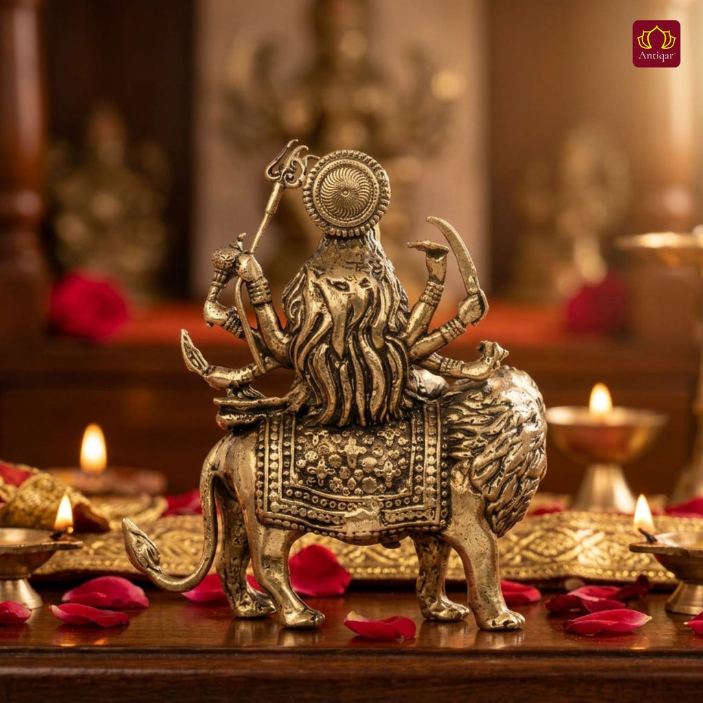 Brass Sherawali Maa Idol - 6cm | Sitting on Lion | Antique Finish | Spiritual Idol for Temple & Home Decor