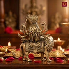 Brass Sherawali Maa Idol - 6cm | Sitting on Lion | Antique Finish | Spiritual Idol for Temple & Home Decor