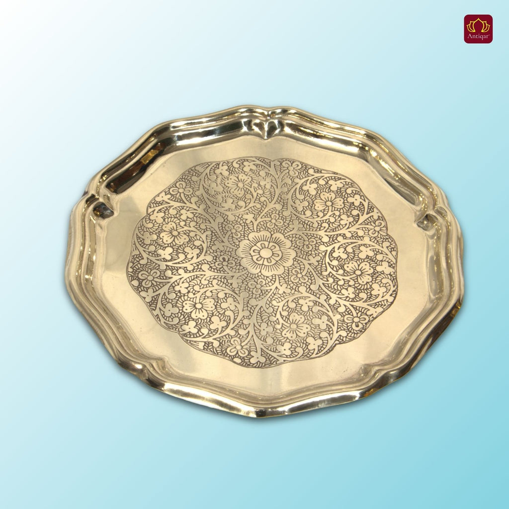 Brass Etching Design Plate - 20cm | Antique Golden Finish | Traditional use for Pooja in Temple, Festivals and Home