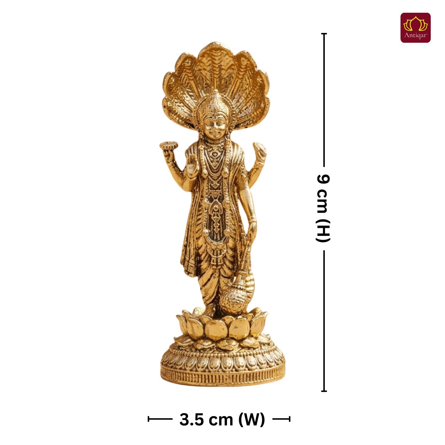 Brass Vishnu Ji Idol - 9cm| Standing on Lotus | GoldenFinish | Spiritual Decor for Temple, Home & Car Dashboard