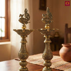 Brass Peacock Oil Lamp –20 cm | Antique Finish | Handcrafted Decor for Temple, Table & Home (Pack of 2)