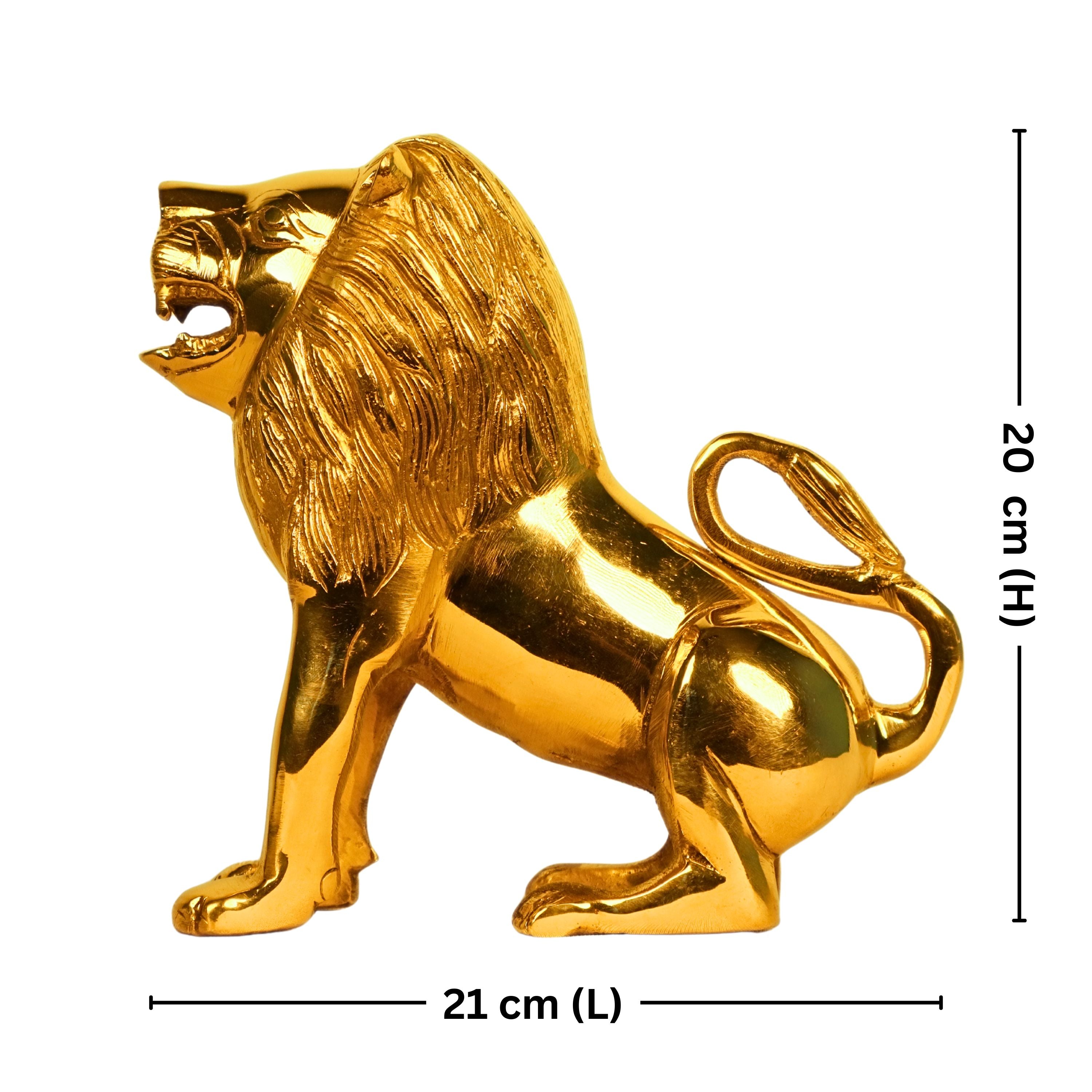 Antiqar Lion Pure Brass Figurine | Handicraft Artwork | Superfine Golden Finish | Home & Office Décor | Ideal for Gifting | Height 20cm