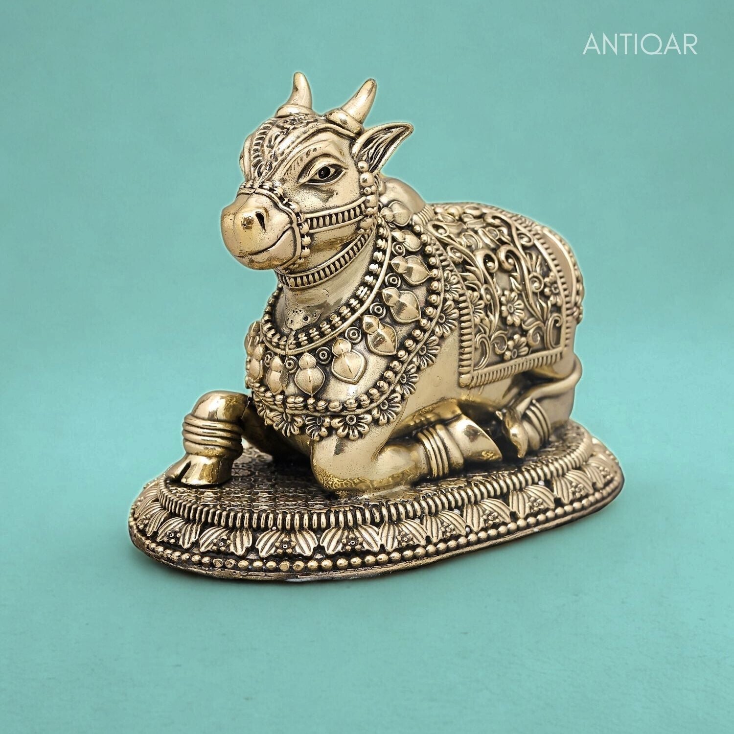 Brass Nandi Figurine with Base - 5cm | Antique Finish | Spritual use for Home, Temple & Car Dashboard Decor