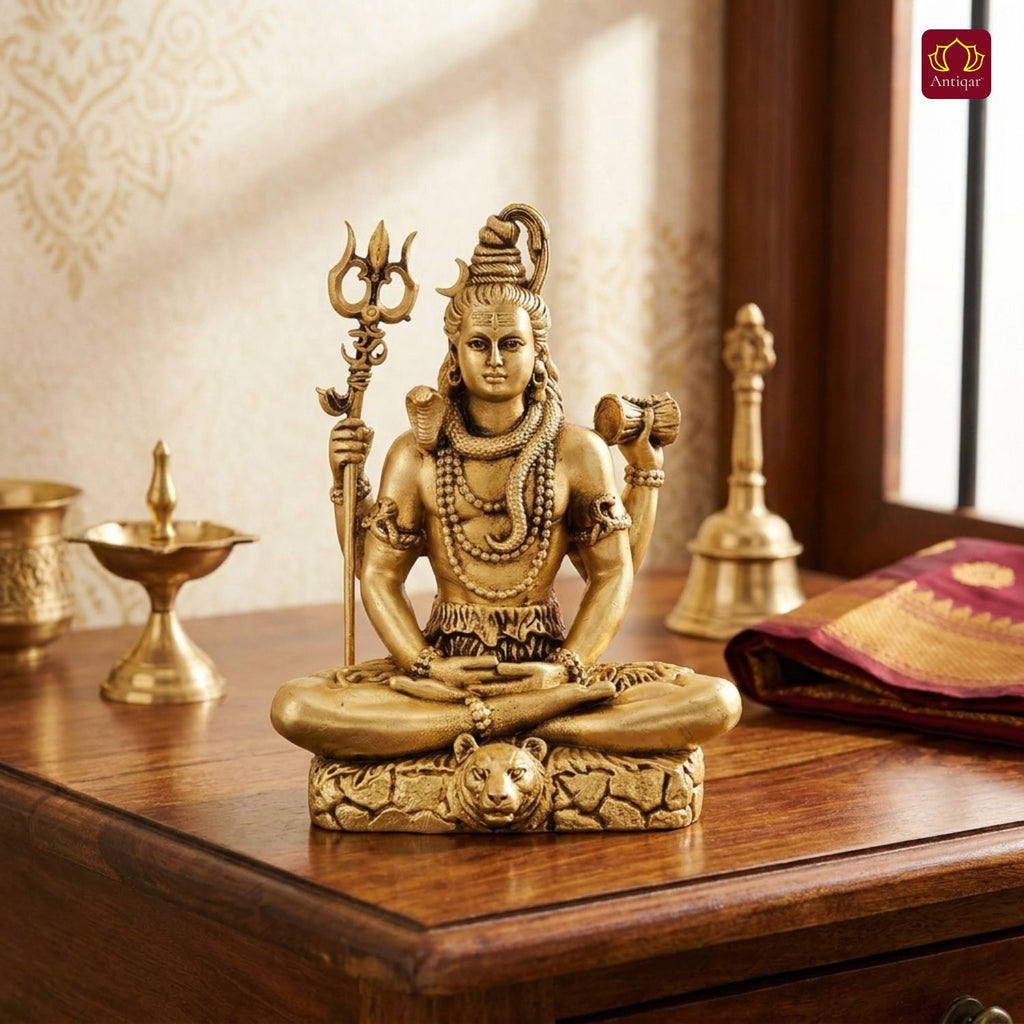 Brass Shiv Ji Idol - 12.5 cm | Antique Finish with Trisul | Spiritual use for Temple, Home & Car Decor