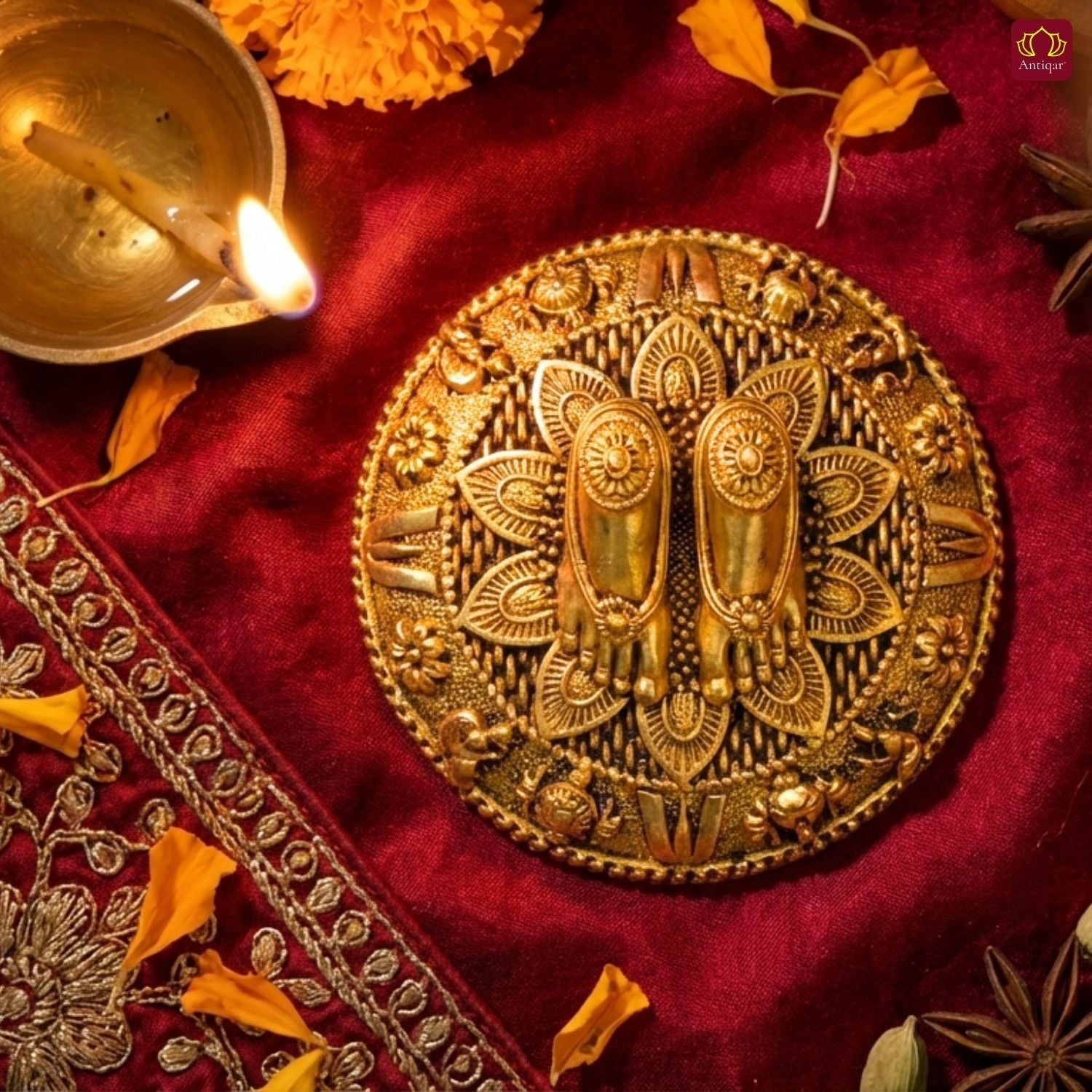 Brass Charan Paduka –2 cm | Yellow Antique Finish | Spiritual Symbol for Temple & Home Decor