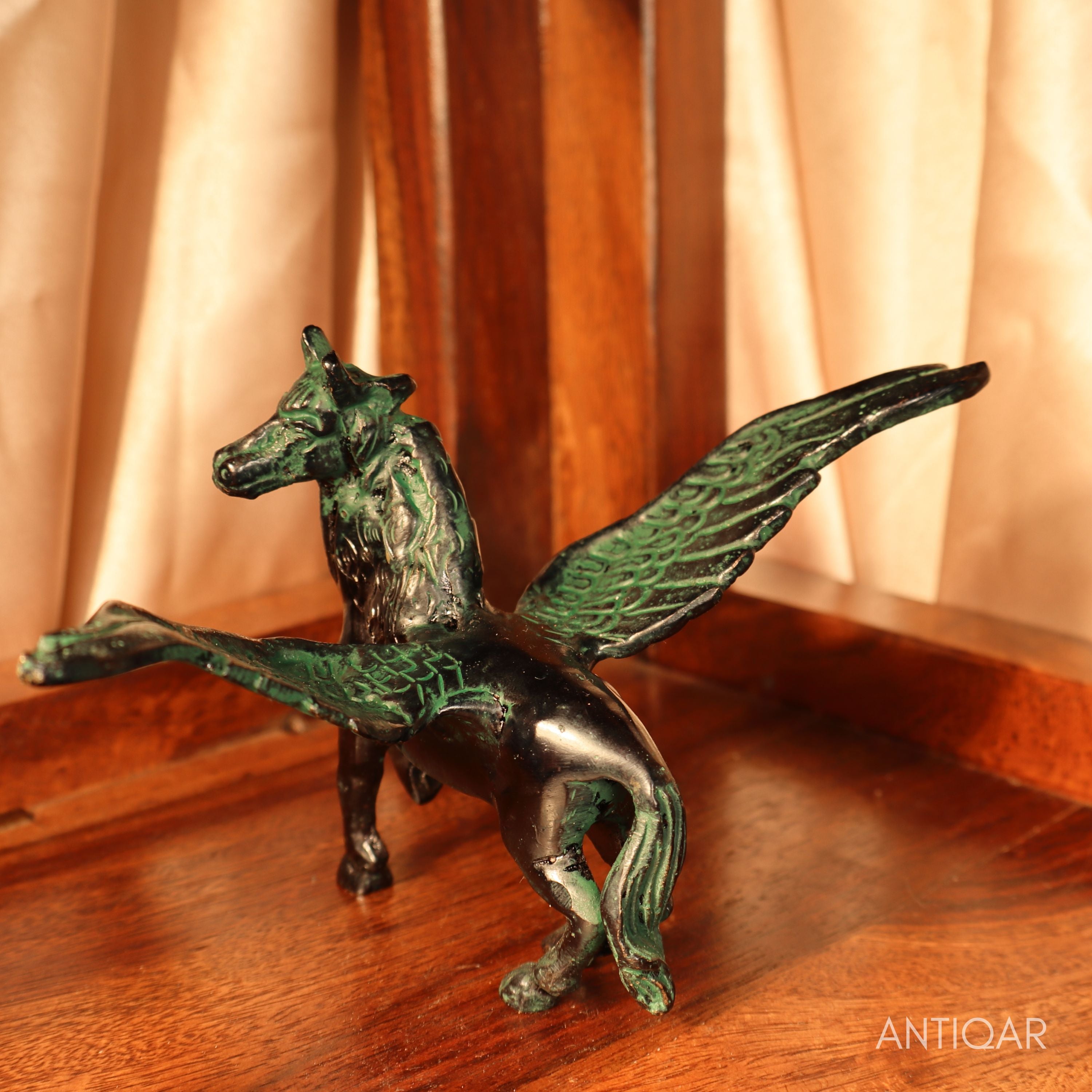 Brass Flying Horse Showpiece – 9.5 cm | Black Green Patina Finish | Handcrafted Figurine for Home & Table Decor