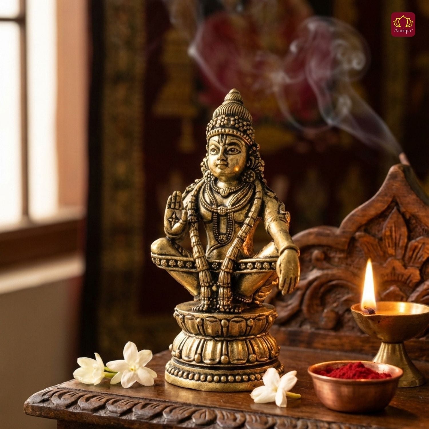 Ayyappan Swami  Ji Idol - 10.5cm | Antique Finish | Handcrafted Idol for Temple, Home & Car Dashboard