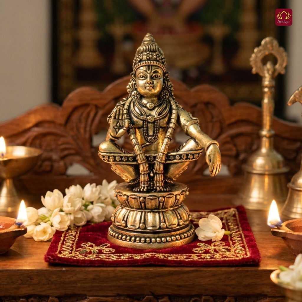 Ayyappan Swami  Ji Idol - 10.5cm | Antique Finish | Handcrafted Idol for Temple, Home & Car Dashboard