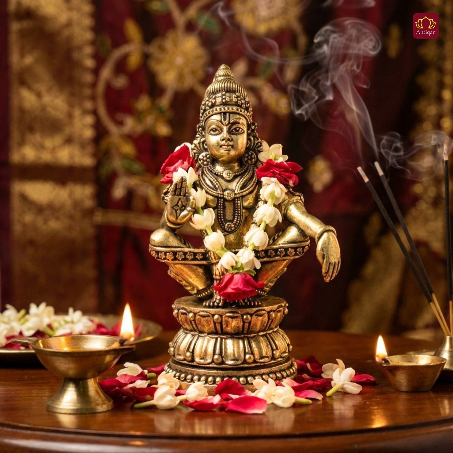 Ayyappan Swami  Ji Idol - 10.5cm | Antique Finish | Handcrafted Idol for Temple, Home & Car Dashboard