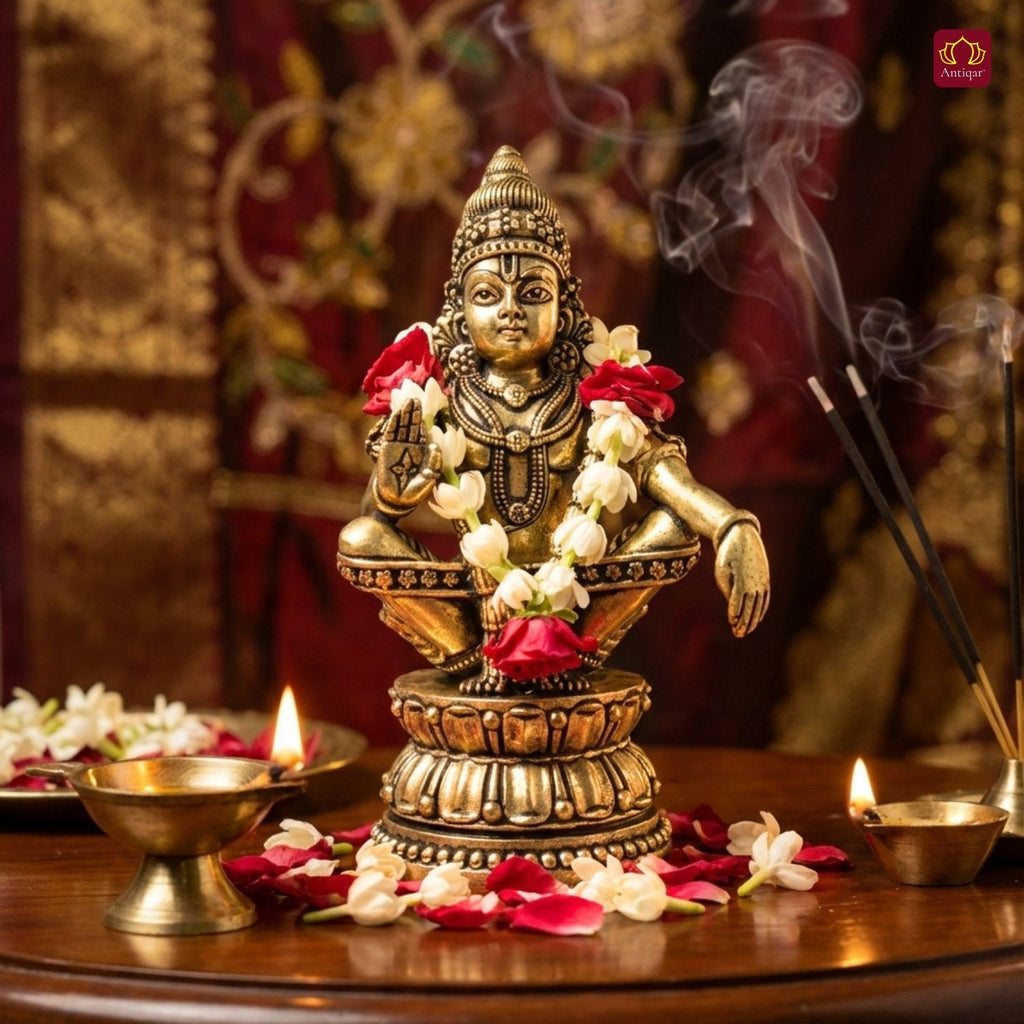 Ayyappan Swami Ji Idol - 7.5cm | Antique Finish | Handcrafted Idol for Temple, Home & Car Dashboard