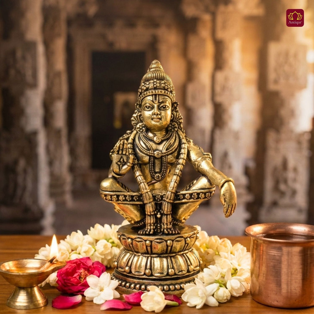 Ayyappan Swami  Ji Idol - 10.5cm | Antique Finish | Handcrafted Idol for Temple, Home & Car Dashboard