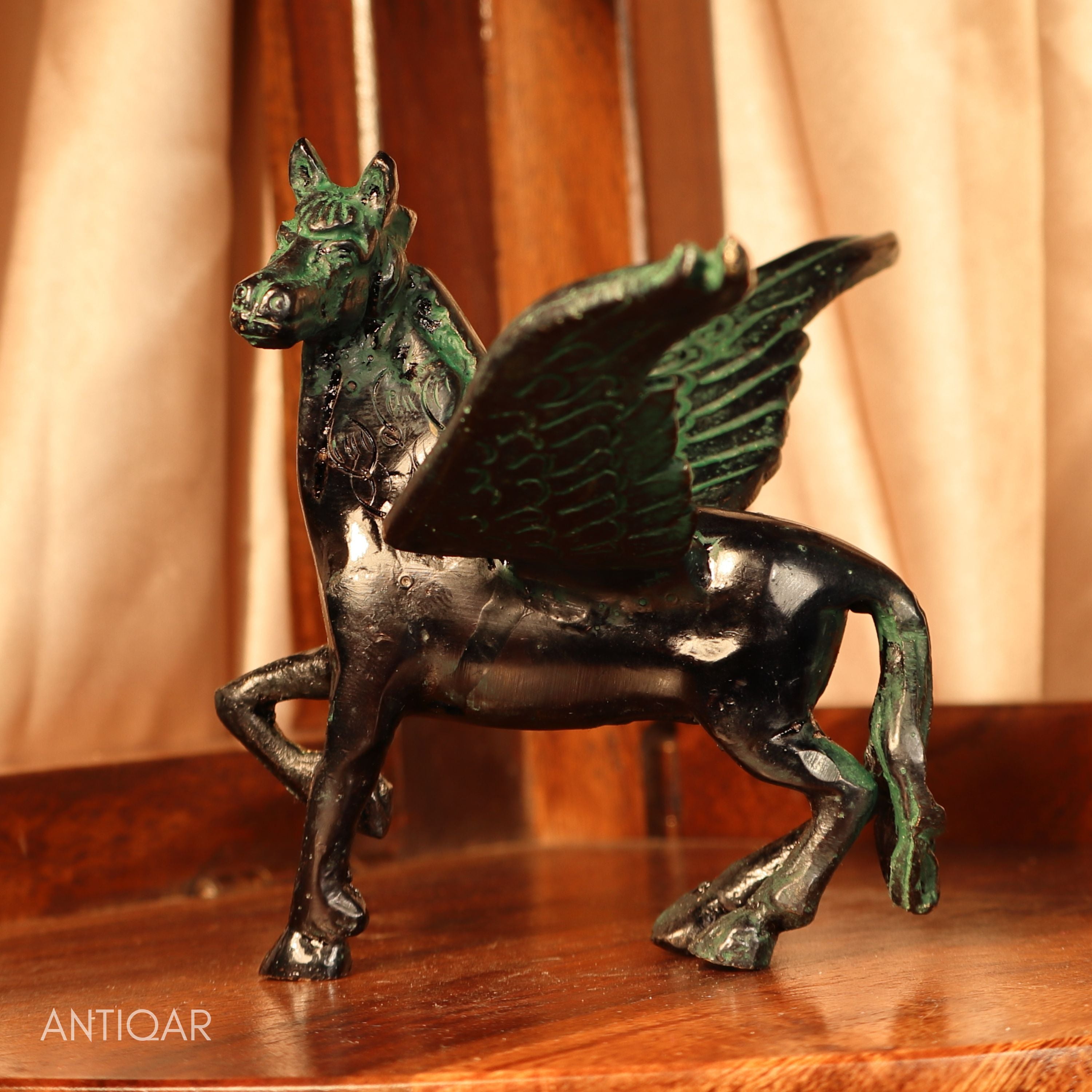 Brass Flying Horse Showpiece – 9.5 cm | Black Green Patina Finish | Handcrafted Figurine for Home & Table Decor