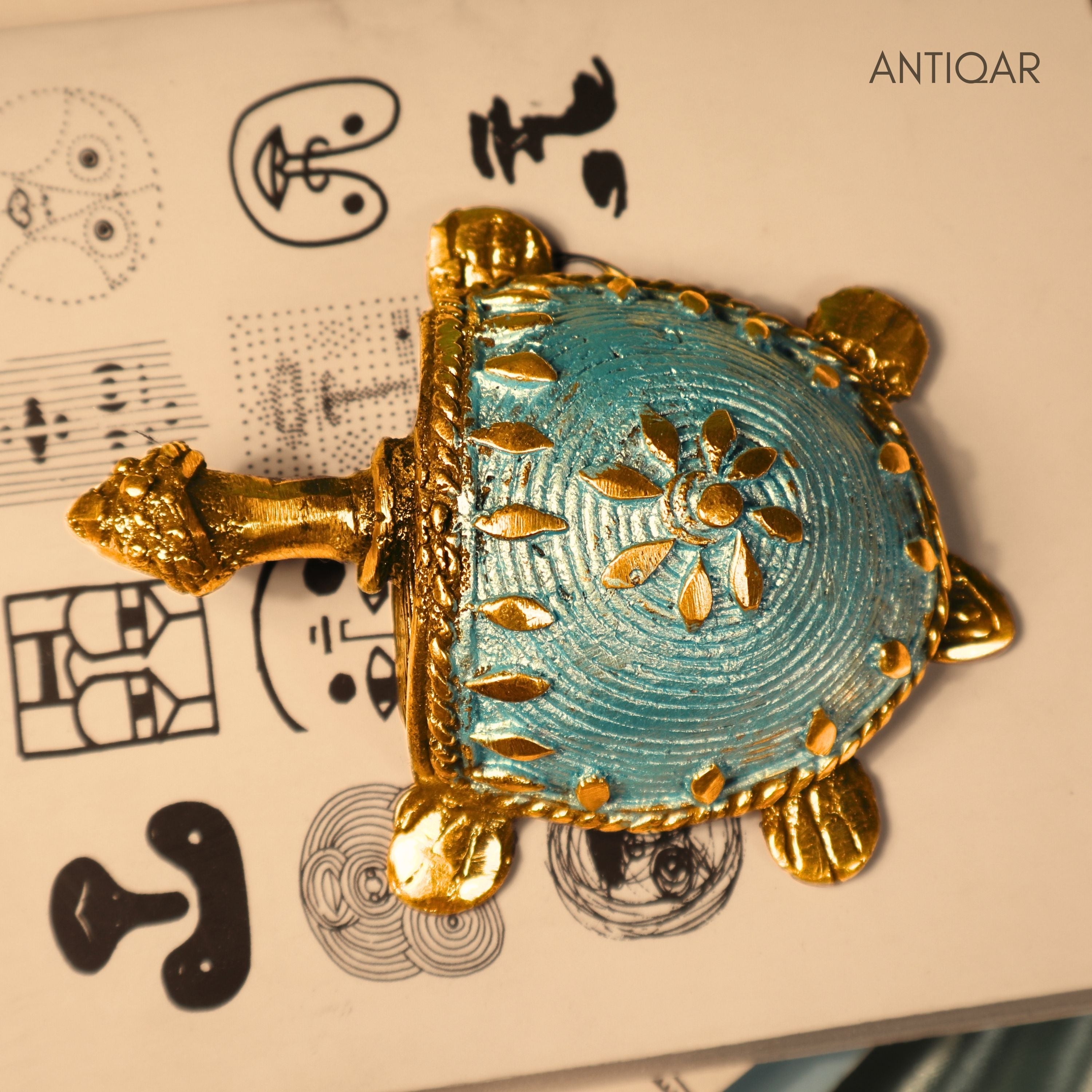 Dhokra Art Brass Turtle – 3 cm | Sky Blue Antique Finish | Tribal Handcrafted Showpiece for Temple, Home & Table Decor