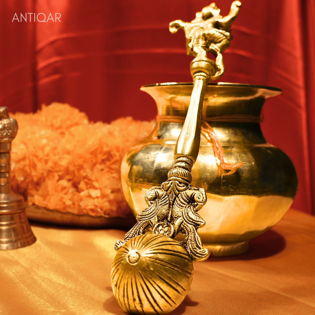 "Dancing Ganesha on Hawan Spoon – 22 cm | Antique Golden Finish | Handcrafted Brass Puja Item for Temple, Home & Festive Decor   "