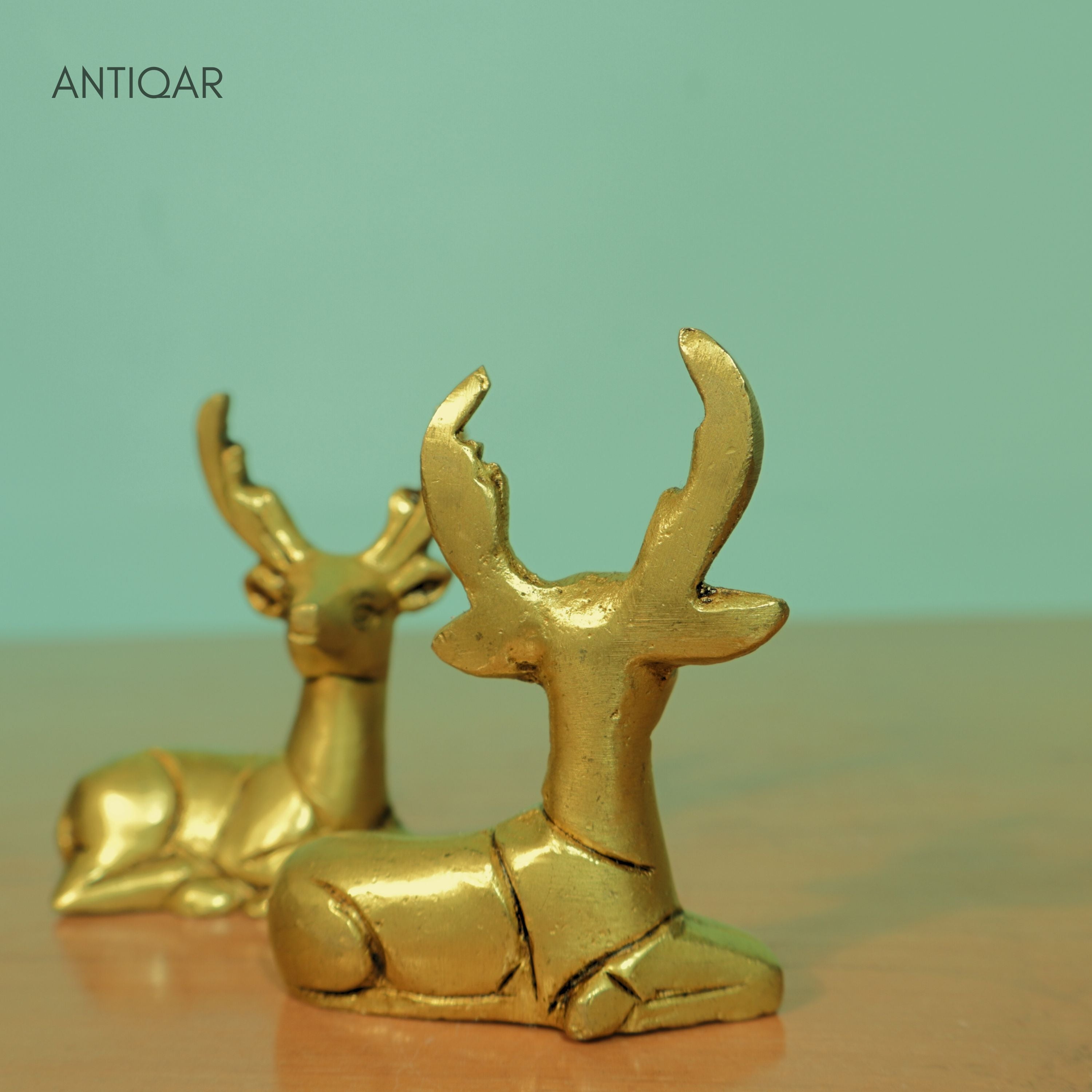 Brass Deer Showpiece Pair – 6 cm | Sitting Position with Antique Golden Finish | Handcrafted Decorative Figurines for Temple, Home & Car Dashboard