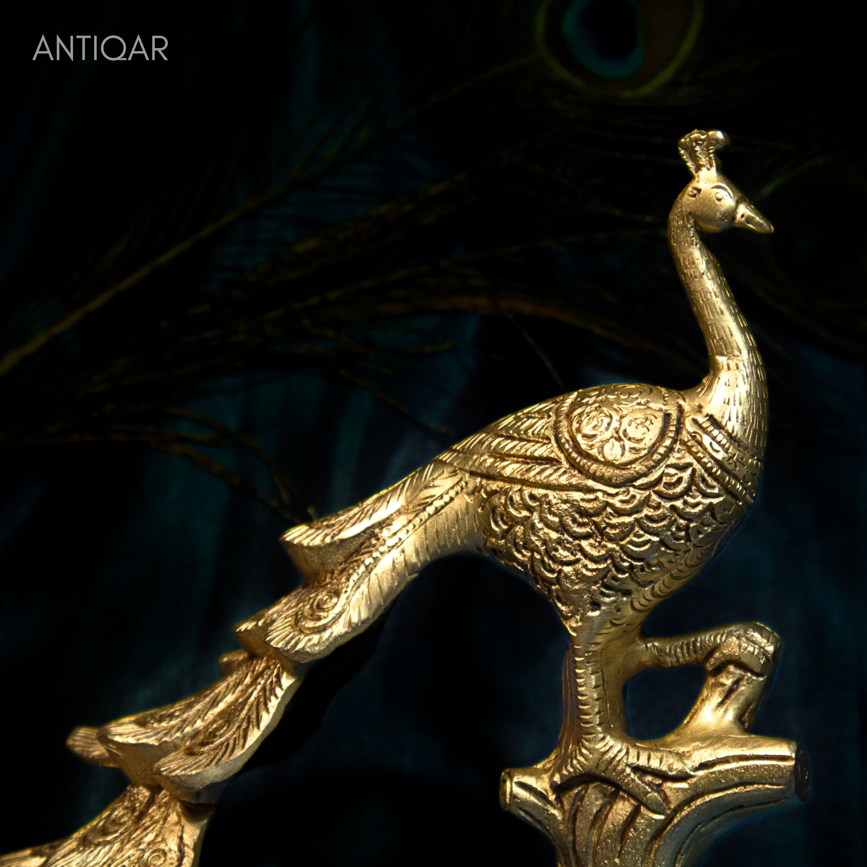 Brass Peacock Showpiece – 21 cm | Sitting on Tree Trunk Design | Antique Golden Finish | Handcrafted Decor for Temple, Home & Table