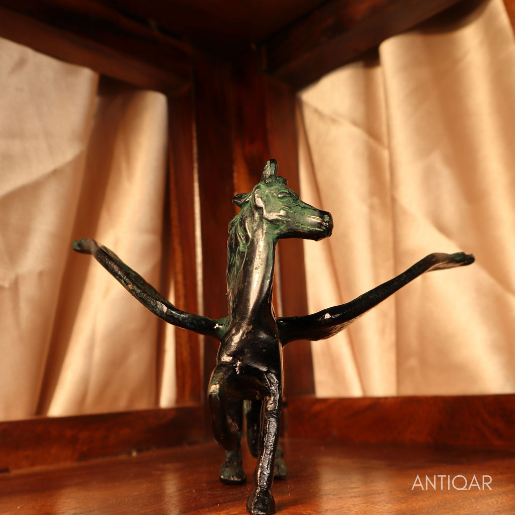 Brass Flying Horse Showpiece – 9.5 cm | Black Green Patina Finish | Handcrafted Figurine for Home & Table Decor