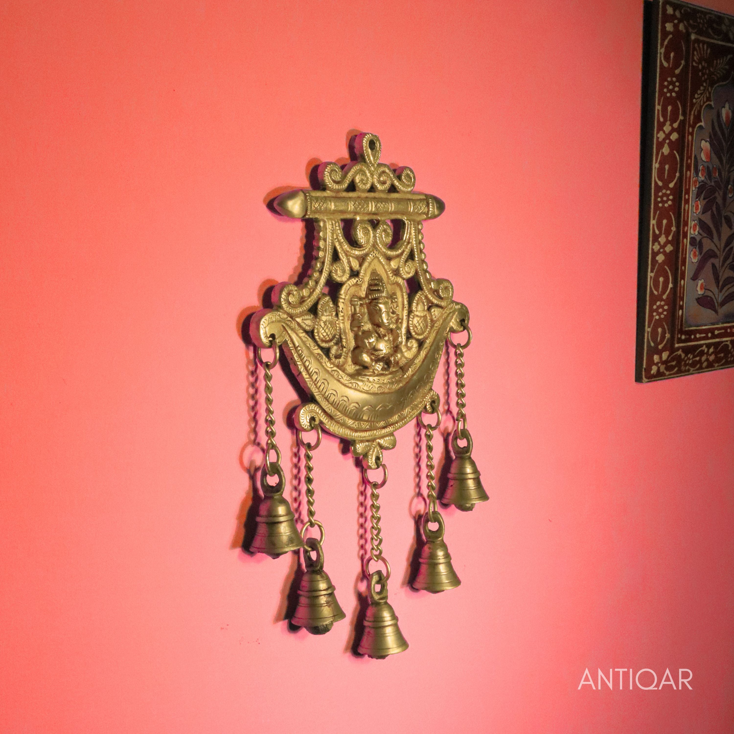 Brass Ganesha Wall Hanging – 32 cm | With Five Bells & Carved Background | Antique Golden Finish | Handcrafted Showpiece for Temple, Home & Wall Decor