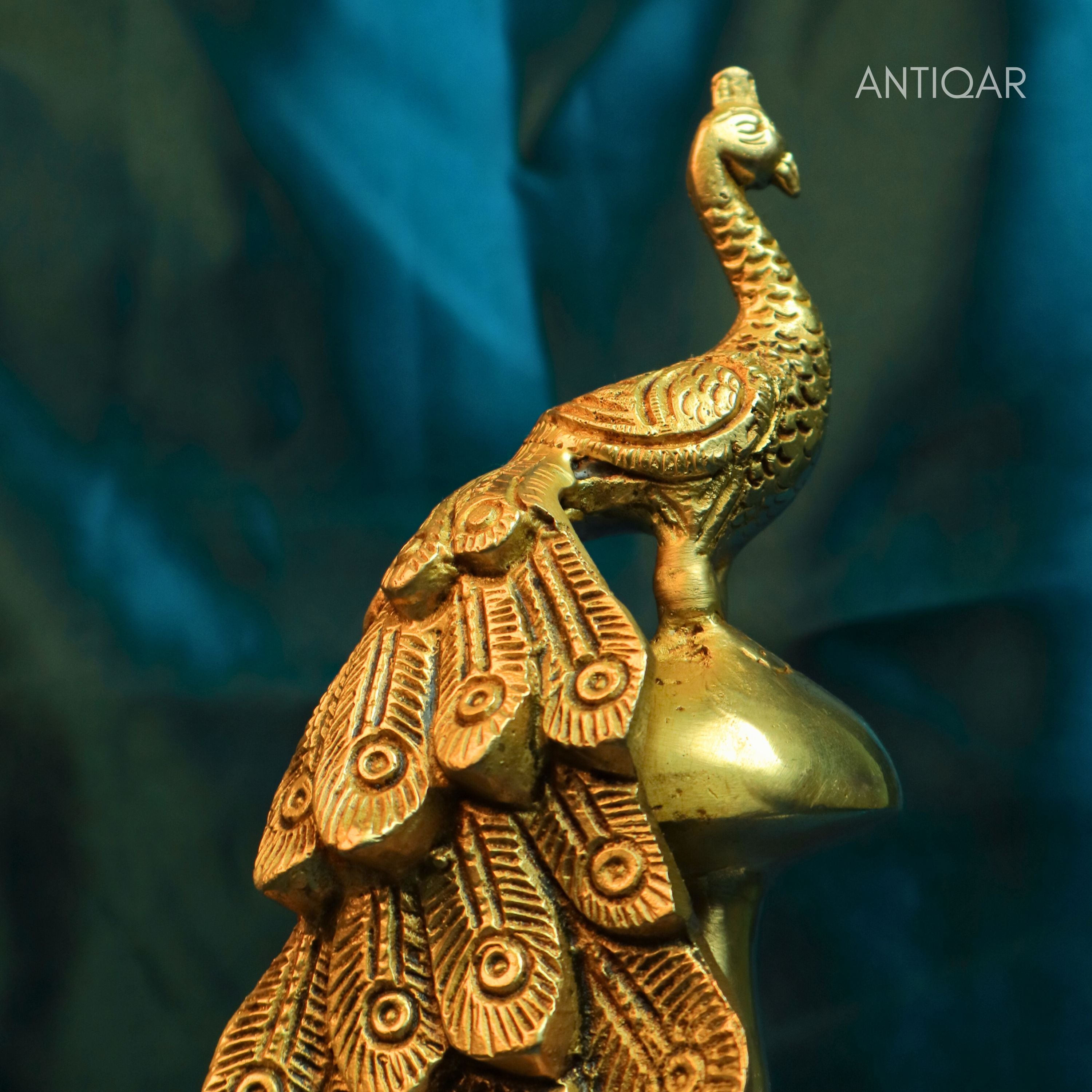 Brass Peacock Showpiece – 21 cm | Sitting on Mushroom | Antique Golden Finish | Handcrafted Decor for Temple, Table & Home