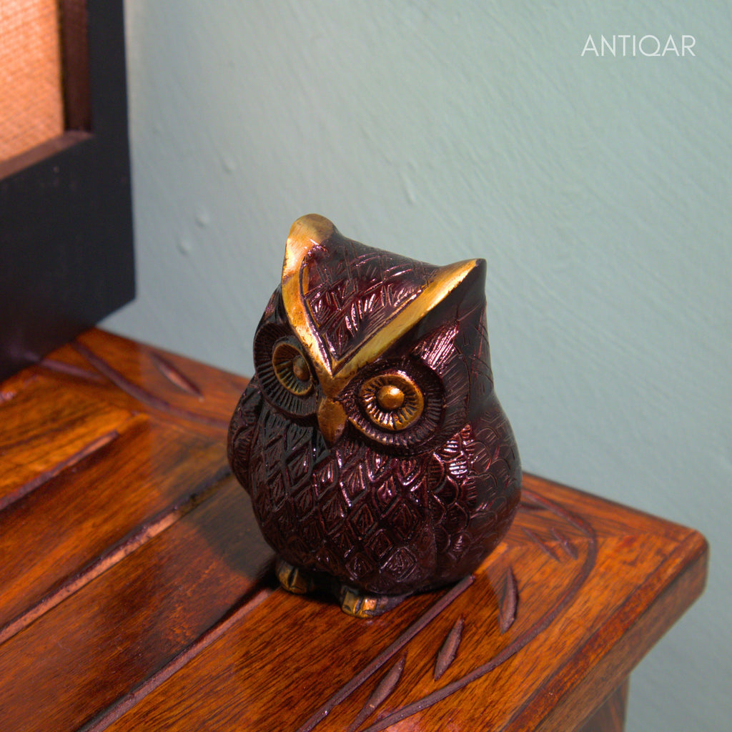 Brass Owl Figurine – 7 cm | Brown Antique Finish | Handcrafted Showpiece for Home, Temple & Table Decor
