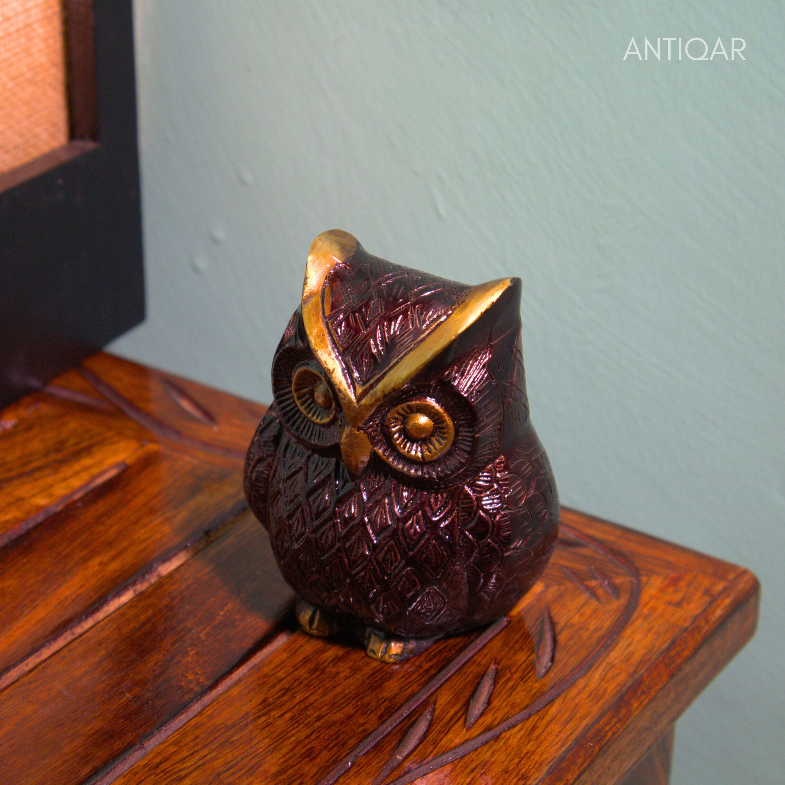 Brass Owl Figurine – 7 cm | Brown Antique Finish | Handcrafted Showpiece for Home, Temple & Table Decor