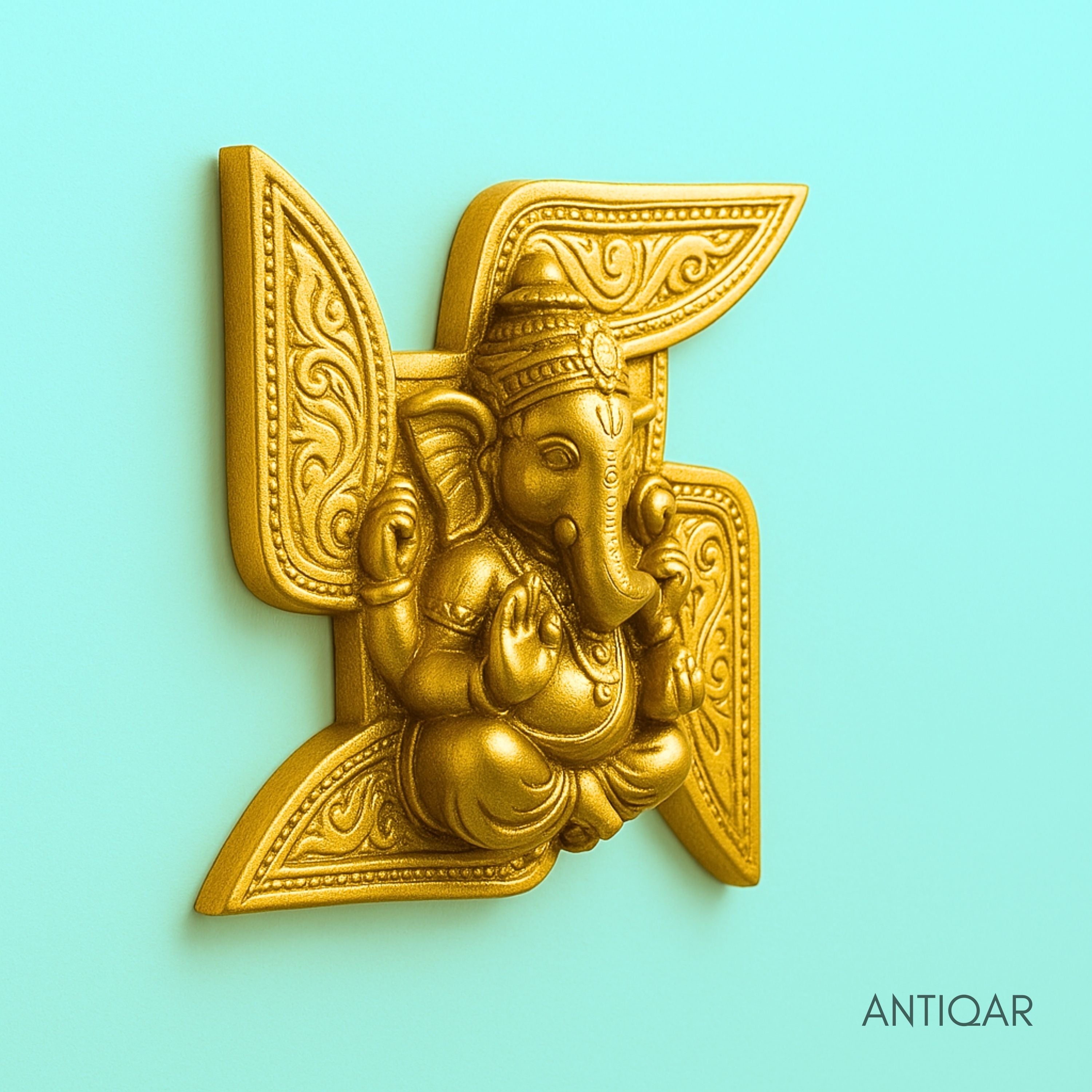 Brass Ganesha Swastik Wall Hanging – 17 cm | For Entrance and temple wall decor | Antique Golden Finish
