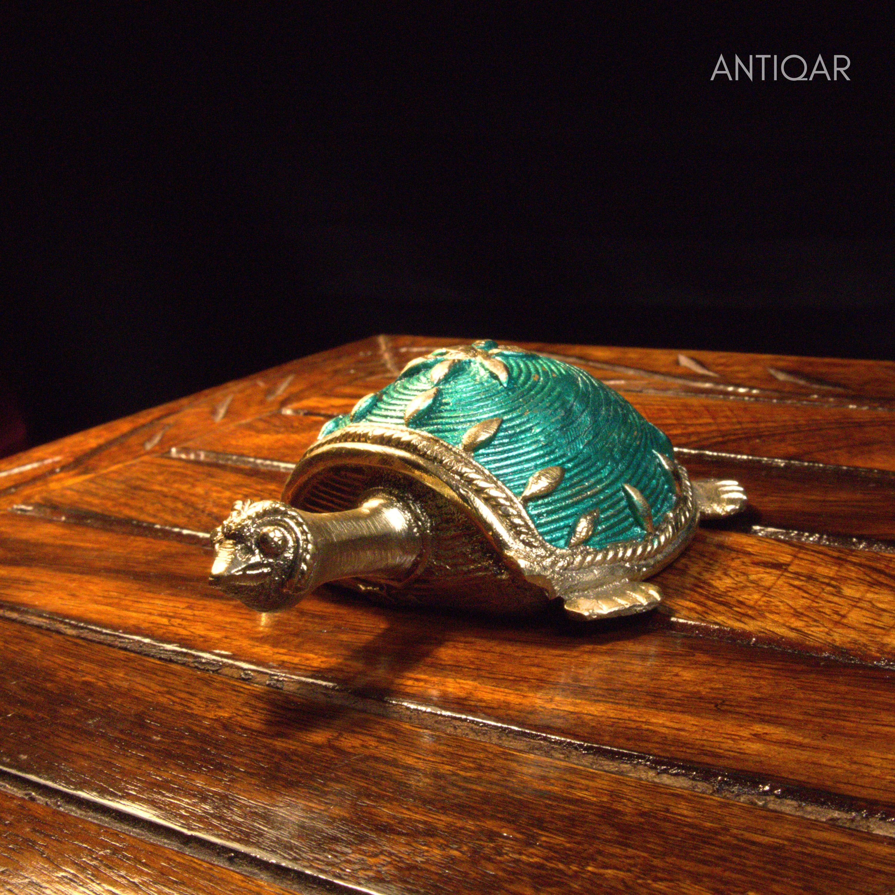 Dhokra Art Brass Turtle – 3 cm | Blue Antique Finish | Tribal Handcrafted Showpiece for Temple, Home & Table Decor