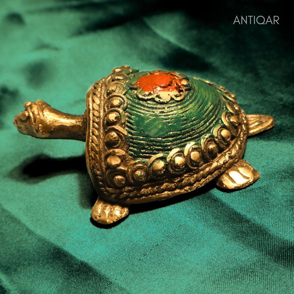 Dhokra Art Brass Turtle – 3 cm | Green Antique Finish | Tribal Handcrafted Showpiece for Temple, Home & Table Decor