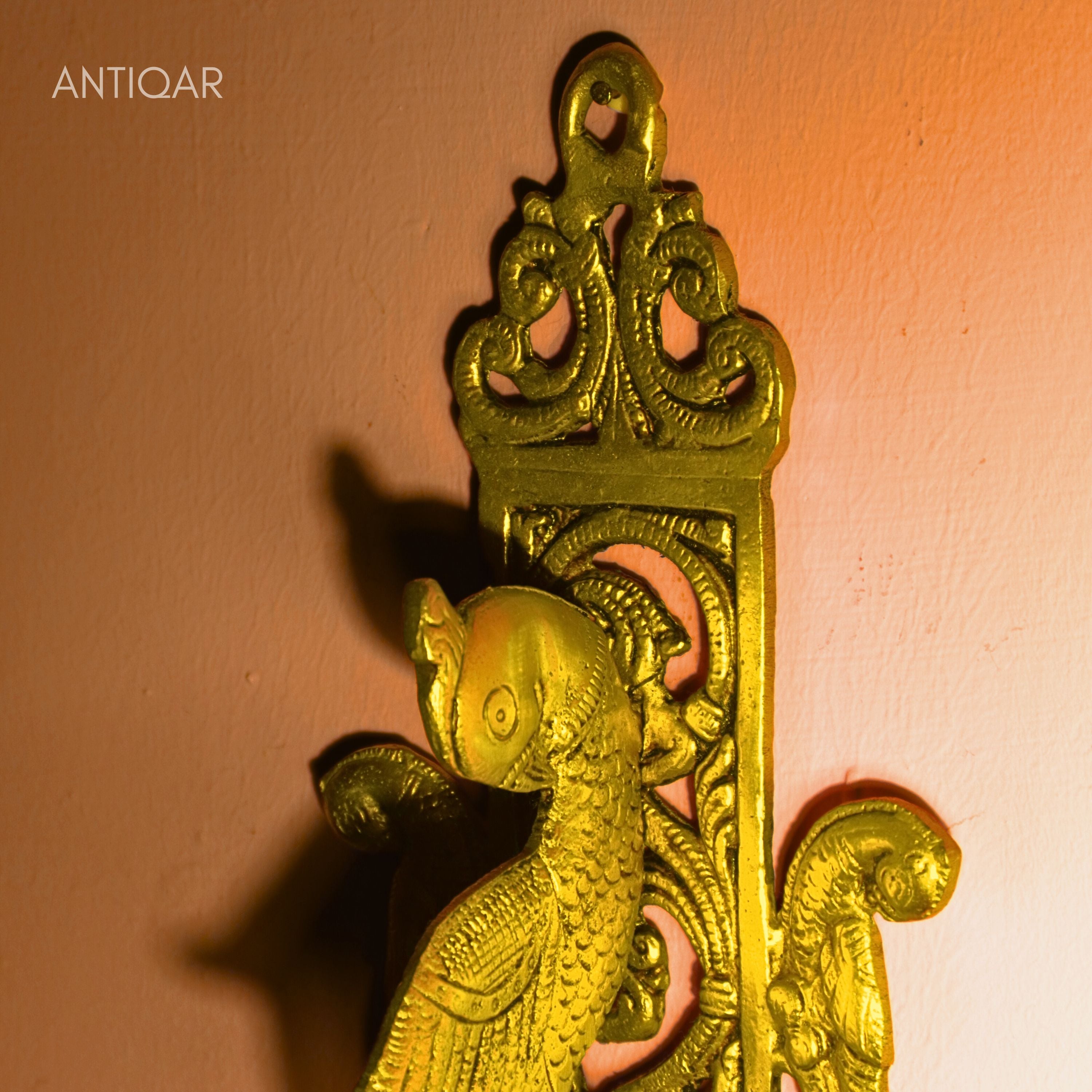 Brass Parrot Wall Hanging – 24 cm | Ethnic Design in Antique Golden Finish | Handcrafted Decor for Temple, Home & Wall