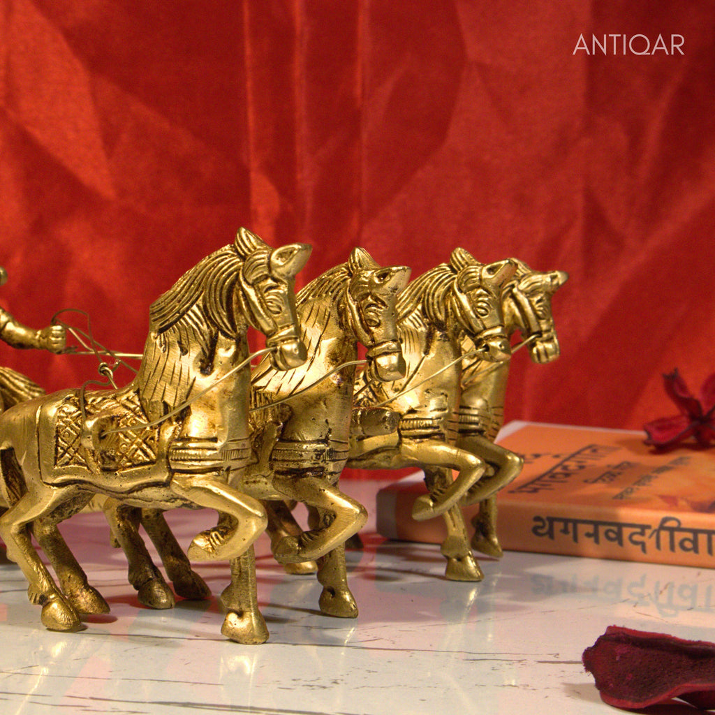 Brass Arjun Rath Showpiece – 24 cm | Antique Golden Finish | Handcrafted Spiritual Decor for Temple, Home & Table