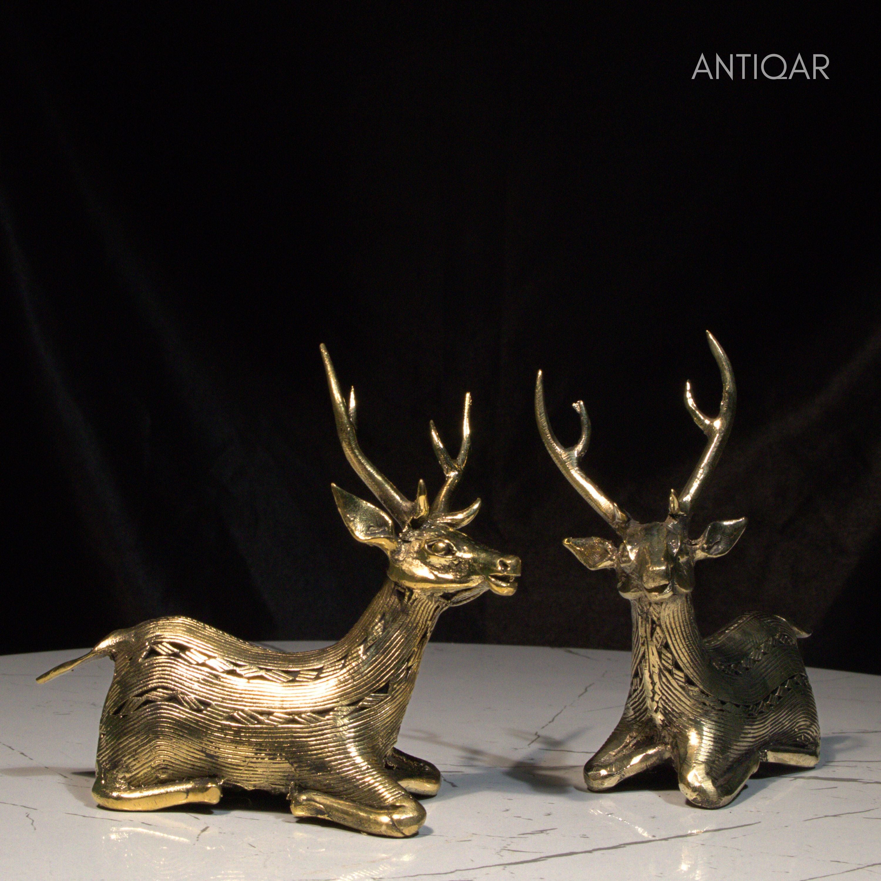 Dhokra Art Brass Deer Pair – 10 cm | Brown Antique Finish | Sitting Pose Tribal Handcrafted Showpiece for Home, Temple & Table Decor