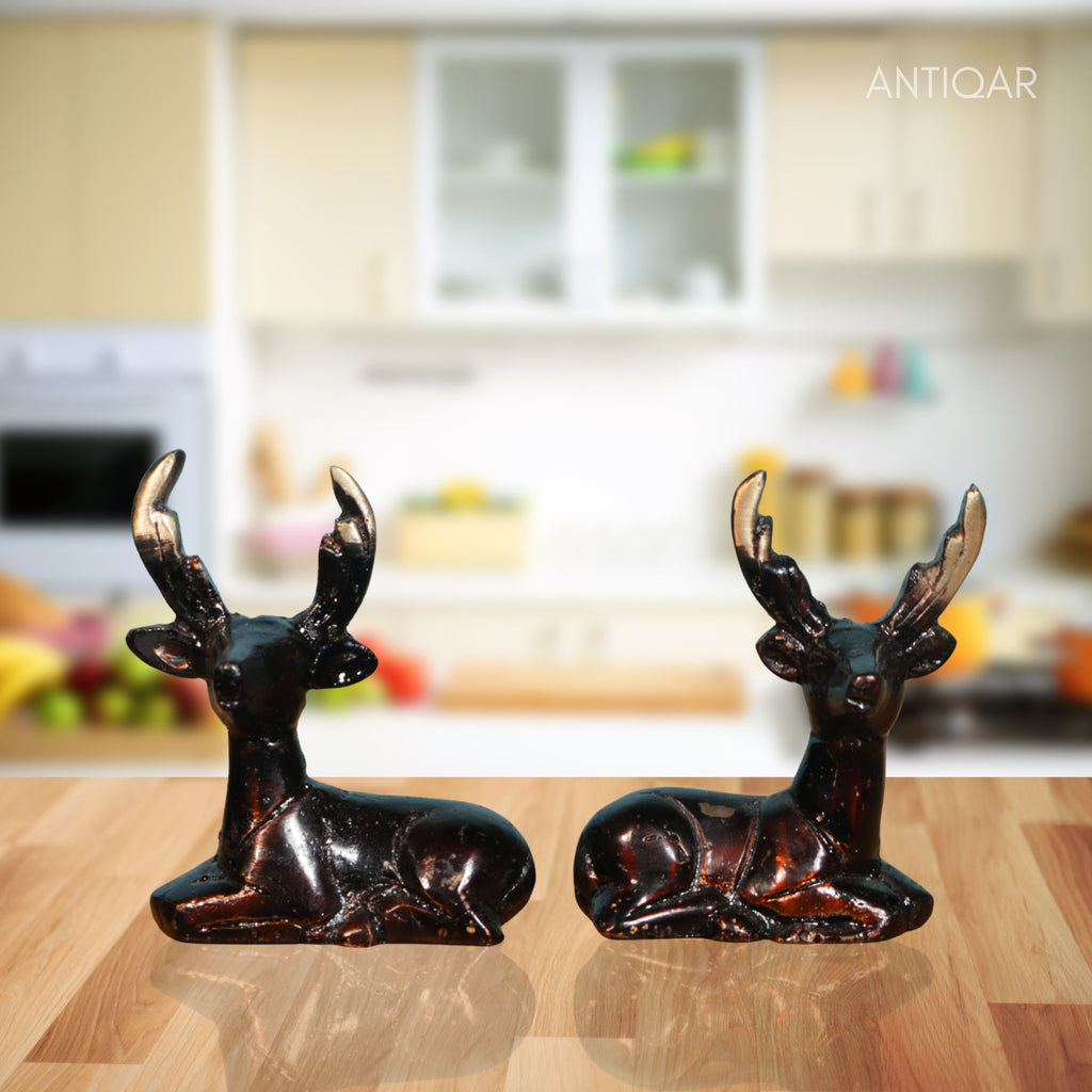 Brass Brown Deer Pair Showpiece – 6 cm | Handcrafted Decorative Figurines for Temple, Home & Car Dashboard