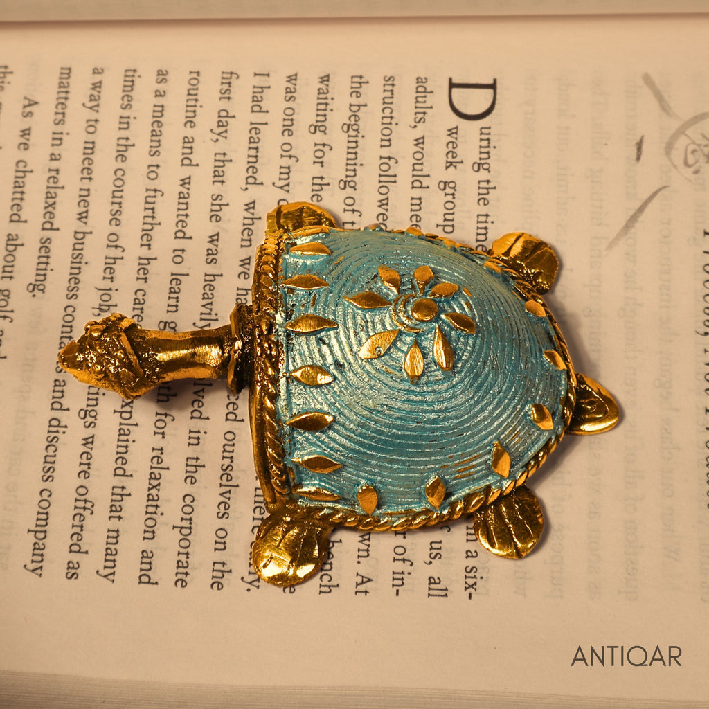 Dhokra Art Brass Turtle – 3 cm | Sky Blue Antique Finish | Tribal Handcrafted Showpiece for Temple, Home & Table Decor