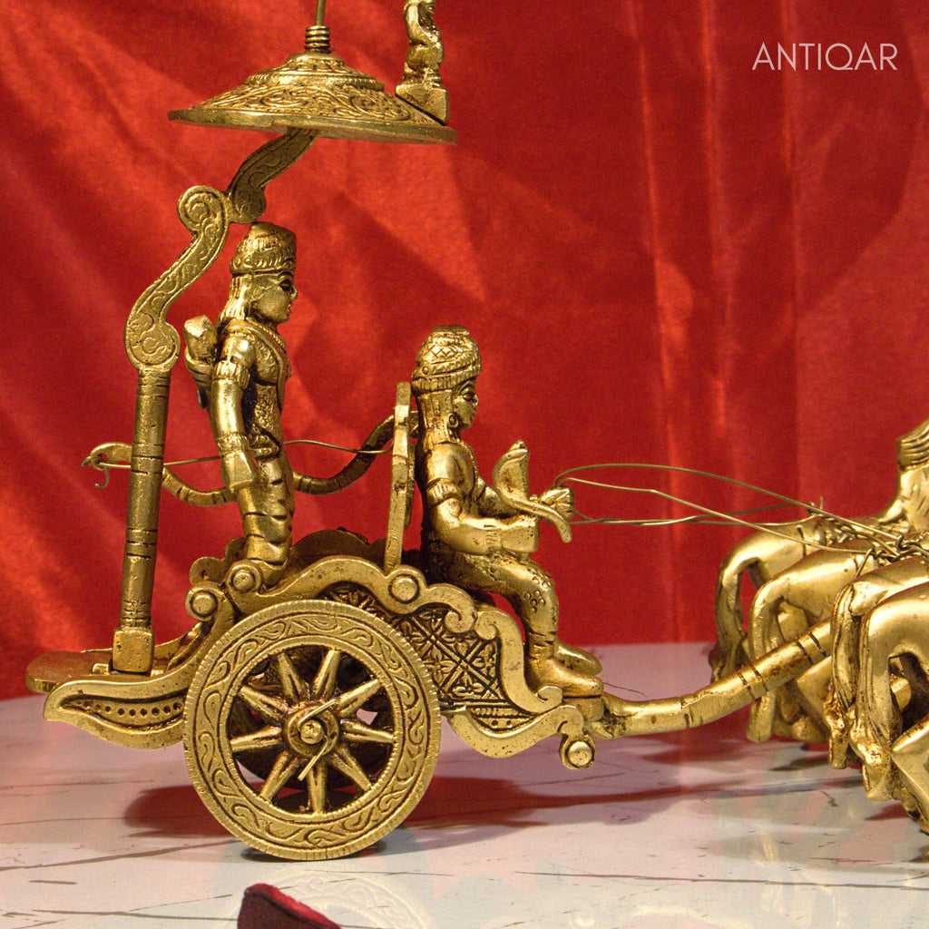 Brass Arjun Rath Showpiece – 24 cm | Antique Golden Finish | Handcrafted Spiritual Decor for Temple, Home & Table