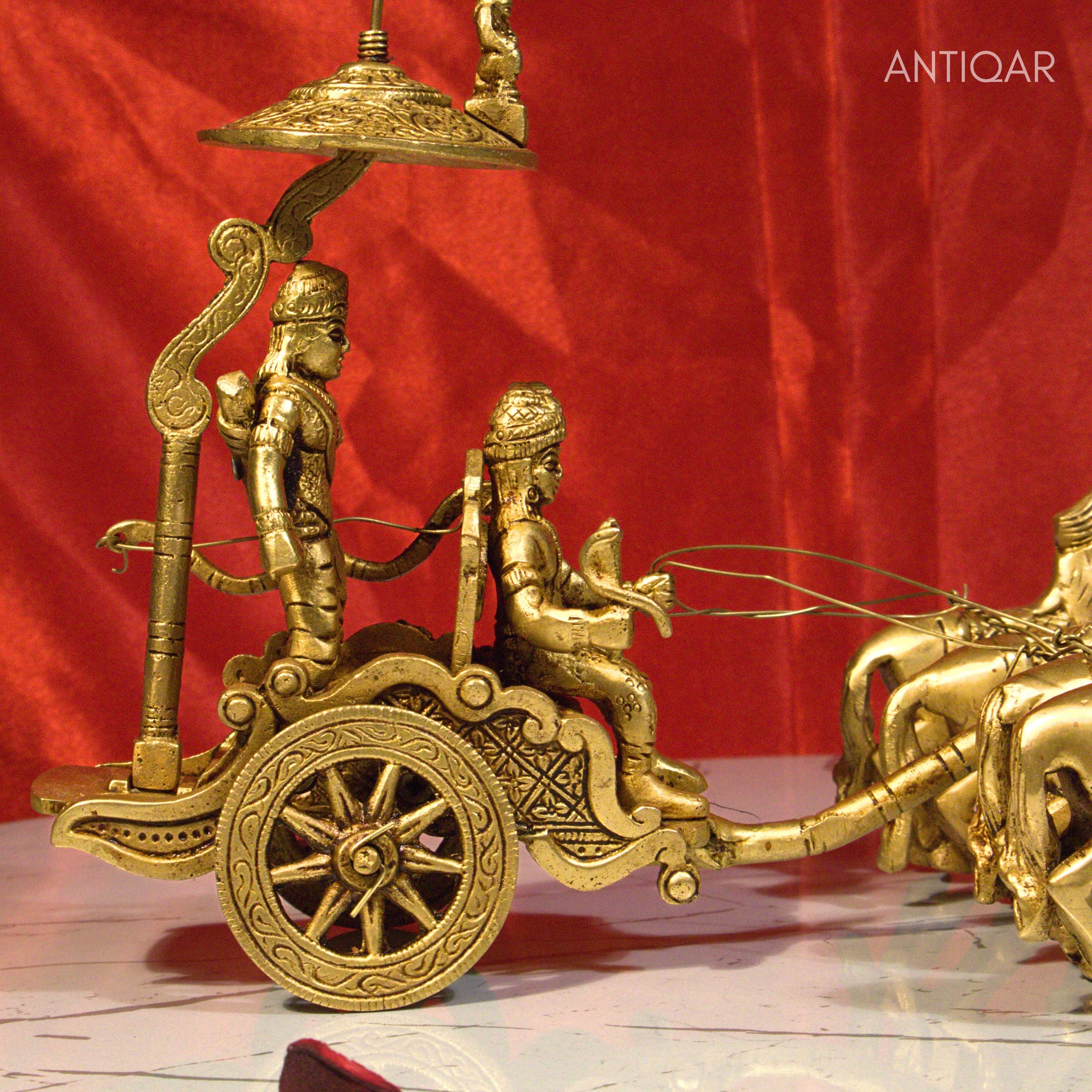 Brass Arjun Rath Showpiece – 24 cm | Antique Golden Finish | Handcrafted Spiritual Decor for Temple, Home & Table