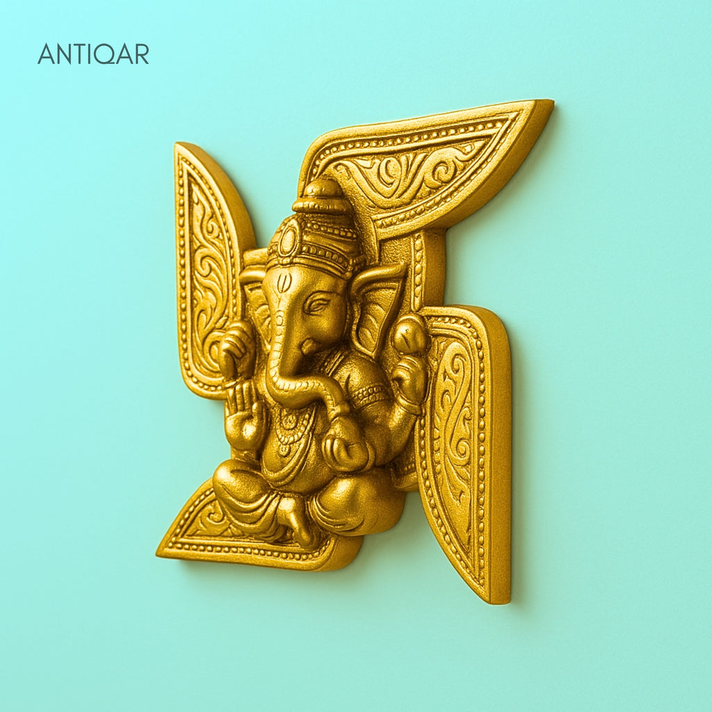 Brass Ganesha Swastik Wall Hanging – 17 cm | For Entrance and temple wall decor | Antique Golden Finish